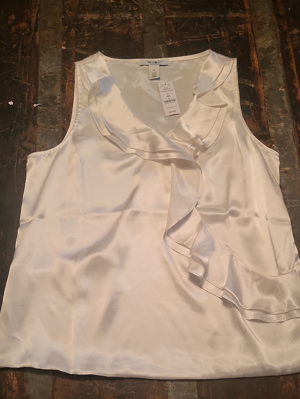 White House Black Market Ivory Satin Ruffle V-Neck Tank